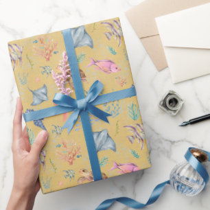 Papier Cadeau Vie océanique à l'aquarelle Texturé Jaune
