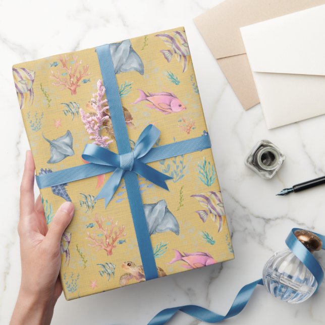 Papier Cadeau Vie océanique à l'aquarelle Texturé Jaune (Cadeaux)
