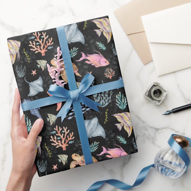 Papier Cadeau Vie océanique à l'aquarelle Texturé Noir (Cadeaux)