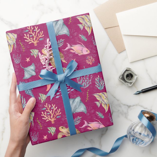 Papier Cadeau Vie océanique à l'aquarelle Texturé rose foncé (Cadeaux)