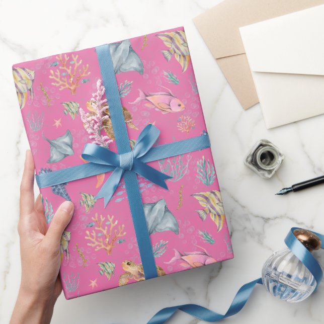 Papier Cadeau Vie océanique aquarelle rose texturée (Cadeaux)