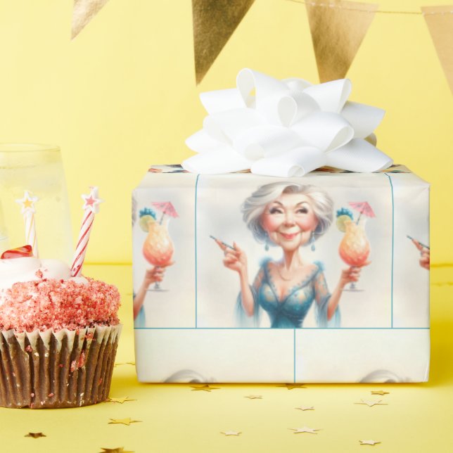 Papier Cadeau Vieille Dame Classique Avec Cocktail (Fête d'anniversaire)