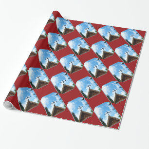 Papier Cadeau Vieille église de campagne rouge marron bleu