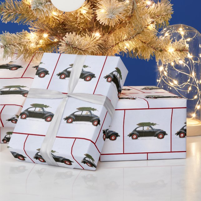 Papier Cadeau Vieille voiture avec arbre de Noël et chien (Vacances)
