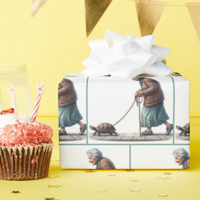 Papier Cadeau Vielle dame marcher une tortue d'animaux (Fête d'anniversaire)