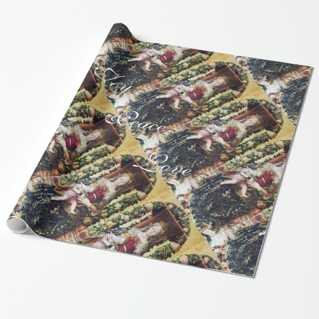 PAPIER CADEAU VIERGE AVEC ENFANT NOËL JOIE PAIX AMOUR (Déroulé)