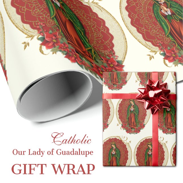 Papier Cadeau Vierge Guadalupe Catholique Noël Pointsettia (Catholic Our Lady of Guadalupe Gift Wrap with red poinsettias)