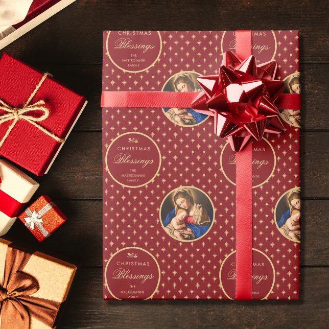 Papier Cadeau Vierge religieuse traditionnelle et Noël de l'enfa (Religious Christmas gift wrap with Madonna and Child in red and gold for Catholics)