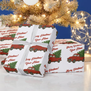 Papier Cadeau Vieux camion rouge avec arbre de Noël personnalisé
