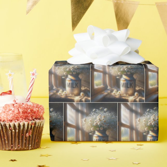 Papier Cadeau Vieux Lait Can avec Bouquet Daisy (Fête d'anniversaire)