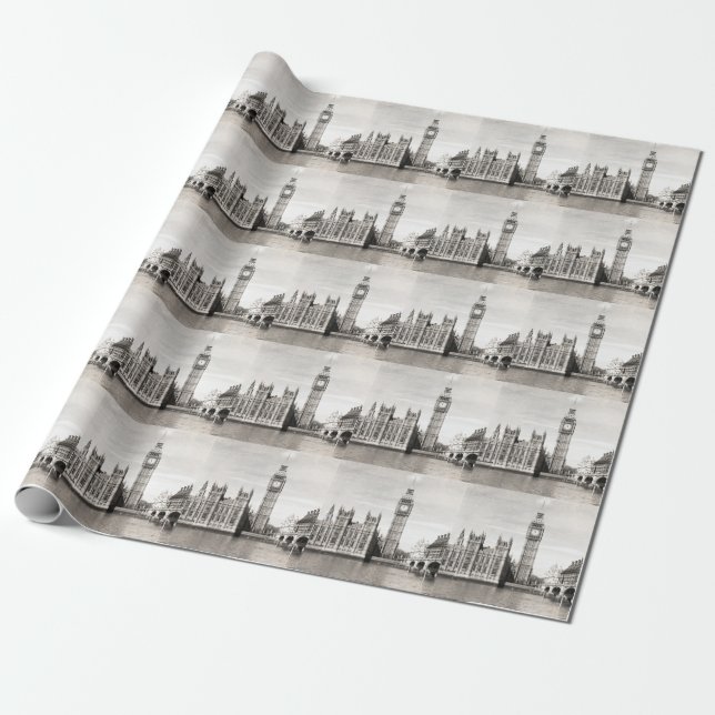 Papier Cadeau Vieux Londres, noir et blanc. (Déroulé)
