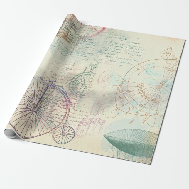 Papier Cadeau Vieux Vélo, Ballons et Script sur Jaune (Déroulé)