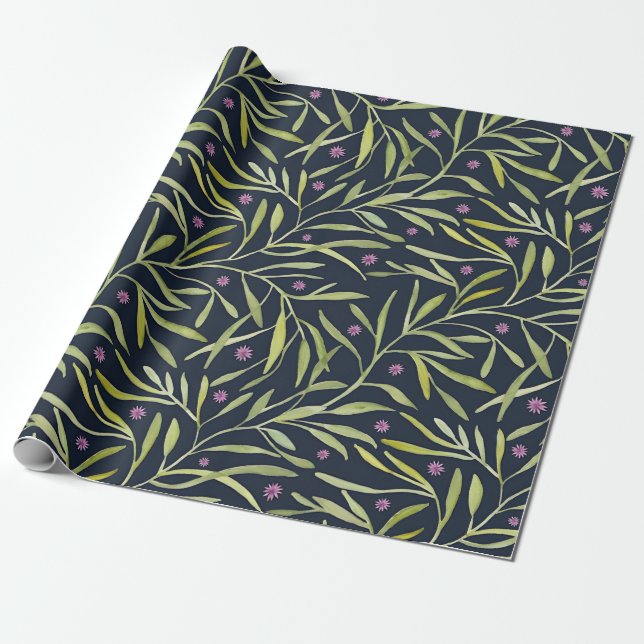 Papier Cadeau Vignes feuillues vertes sereines avec fleurs roses (Déroulé)