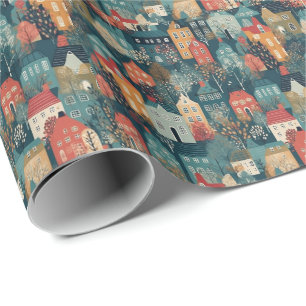 Papier Cadeau Village Cozy Hygge Art Populaire Nordique