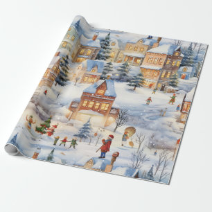 Papier Cadeau Village de neige d'hiver Fun