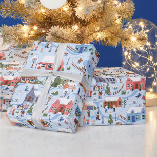 Papier Cadeau Village de Noël aquarelle bleu clair
