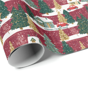 Papier Cadeau Village de Noël de la forêt rouge et verte