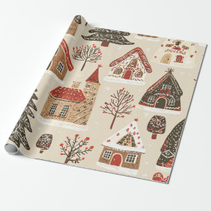 Papier Cadeau Village de Noël en pain d'épices Crème Marron Roug