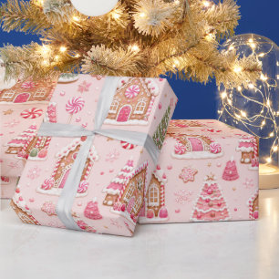 Papier Cadeau Village de Noël en pain d'épices rose fantaisiste