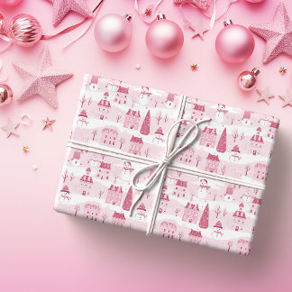 Papier Cadeau Village de Noël rose neige