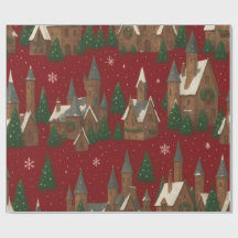 Village de Noël | Rouge avec Maisons et Pins Neige