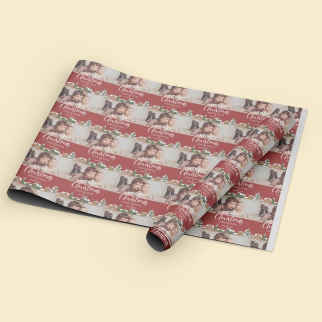 Papier Cadeau Village de Noël Rouge Famille Photo personnalisée (Red Christmas Village Family Photo Custom Holiday Wrapping Paper)
