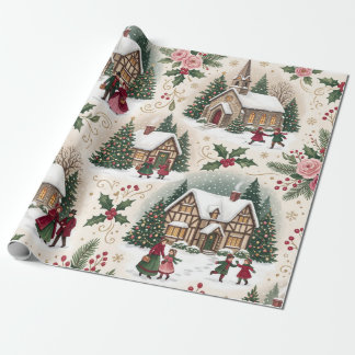 Papier Cadeau Village de Noël victorien Cabanes enneigées Roses