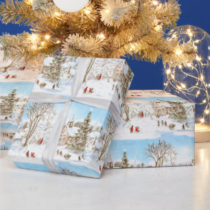 Papier Cadeau Village de Noël vintage tiré d'un livre d'histoire