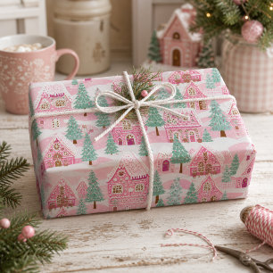 Papier Cadeau Village de pain d'épice rose pastel de Noël doux