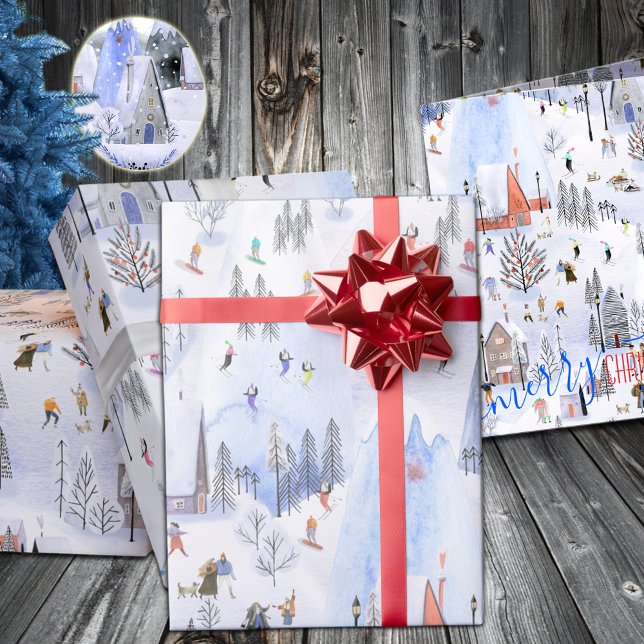 Papier Cadeau Village de ski montagnard occupé (Mountain Ski Village Holiday Gift Wrapping Paper in 6 & 15 foot long 30 inch wide rolls)
