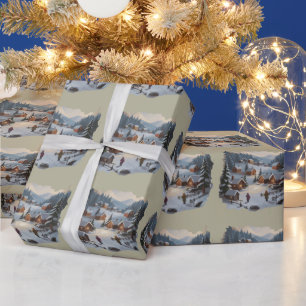 Papier Cadeau Village d'hiver de Noël rétro 90s Montagnes Arbres