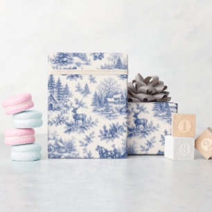 Papier Cadeau Village d'hiver de Noël toile bleu français