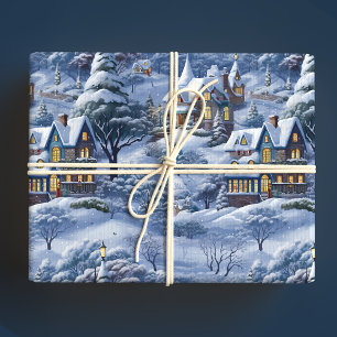 Papier Cadeau Village d'hiver moderne Noël blanc