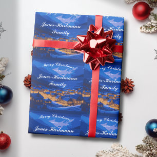 Papier Cadeau Village d'hiver personnalisé bleu Noël