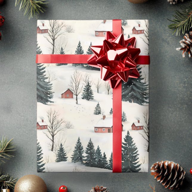 Papier Cadeau Village enneigé rouge et blanc rustique (Rustic Woodland Village Christmas Wrapping Paper)