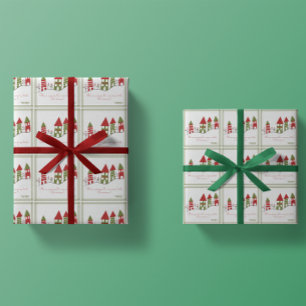 Papier Cadeau Village vert&rouge dans la neige à Noël