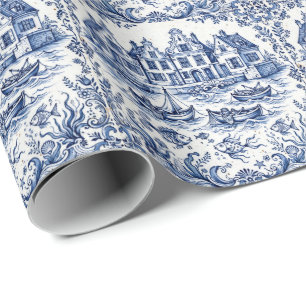 Papier Cadeau Ville de Delft & Port de Pêche Bleu Cobalt Blanc
