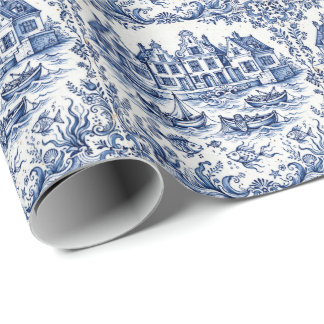 Papier Cadeau Ville de Delft & Port de Pêche Bleu Cobalt Blanc