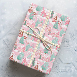 Papier Cadeau Ville de pain d'épices rose et vert de Noël