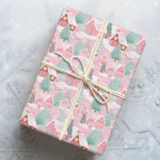Papier Cadeau Ville de pain d'épices rose et vert de Noël (Créateur téléchargé)
