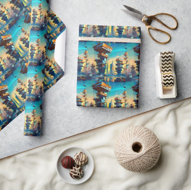 Papier Cadeau Ville dystopique futuriste, peinture générée par l (Artisanat)