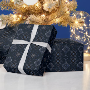 Papier Cadeau Vins Fleurs Botanique Bleu Noir Noël