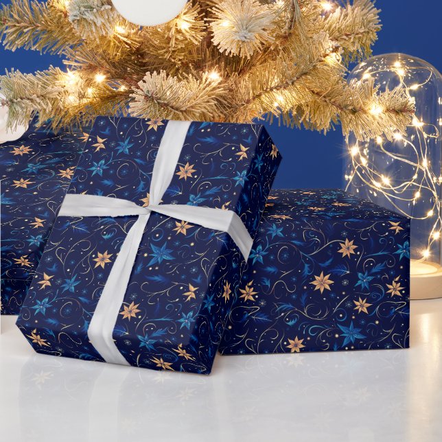 Papier Cadeau Vins Fleurs Botanique Orange Bleu Noël (Vacances)