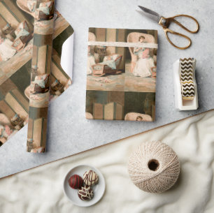 Papier Cadeau Vintage 1888 Mère et bébé dormant, restauré