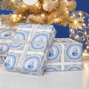 Papier Cadeau Vintage antique paquebot royal bleu frontière déco
