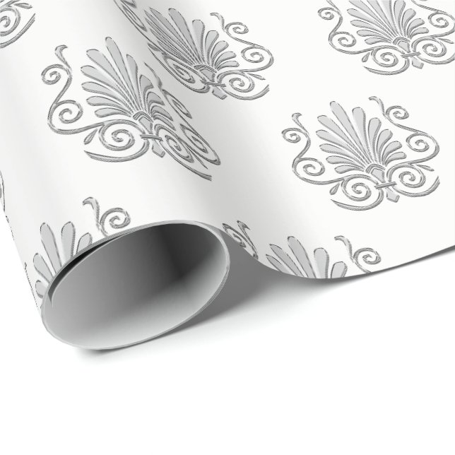 Papier Cadeau Vintage Art Déco Argent Plume Arabesque (Coin rond)