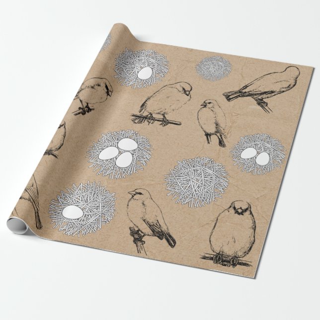 Papier Cadeau Vintage Birds & Nid Rustic Kraft Brown (Déroulé)