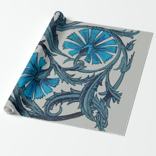 Papier Cadeau vintage bleu antique fleurs artisanat rustique
