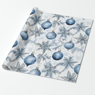 Papier Cadeau Vintage Bleu Arbre de Noël Ornements Motif