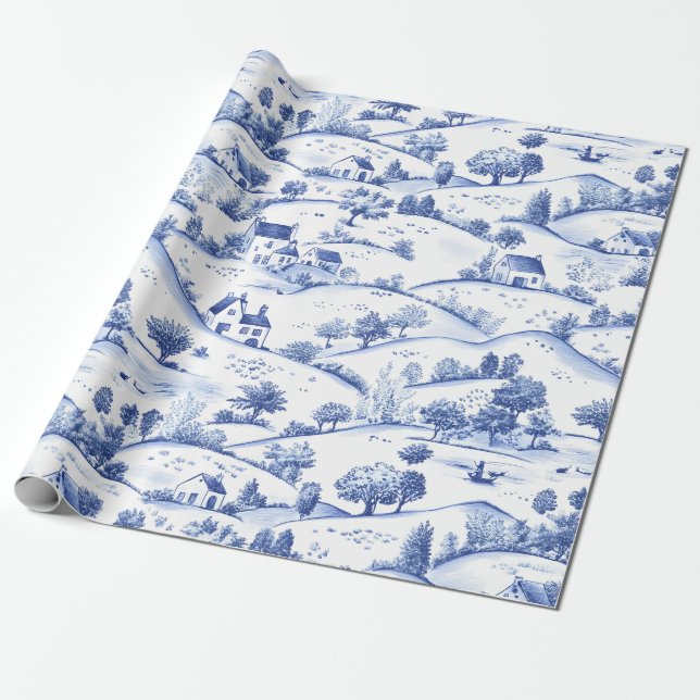 Papier Cadeau Vintage Blue Toile Landscape (4) (Déroulé)